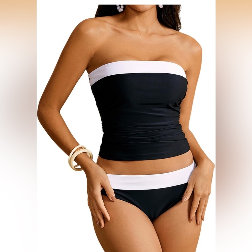 Striped Bandeau Tankini Bikini Set - Black & White